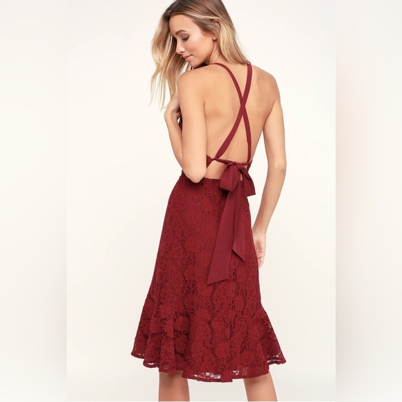 Lulus Dresses & Skirts - LULUS Love Like You Mean It Wine Red Backless Lace Midi Dress NWT SIZE: MEDIUM